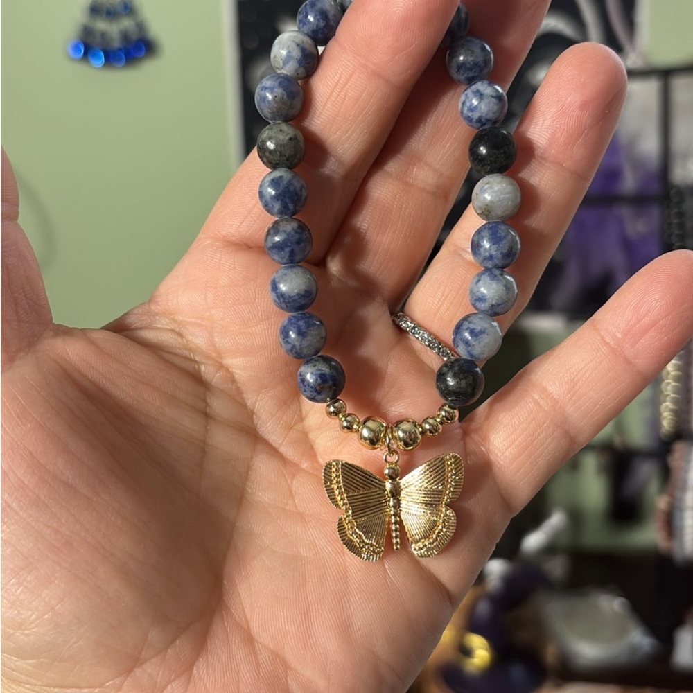 Natural sodalite stone bracelet with Butterfly charm